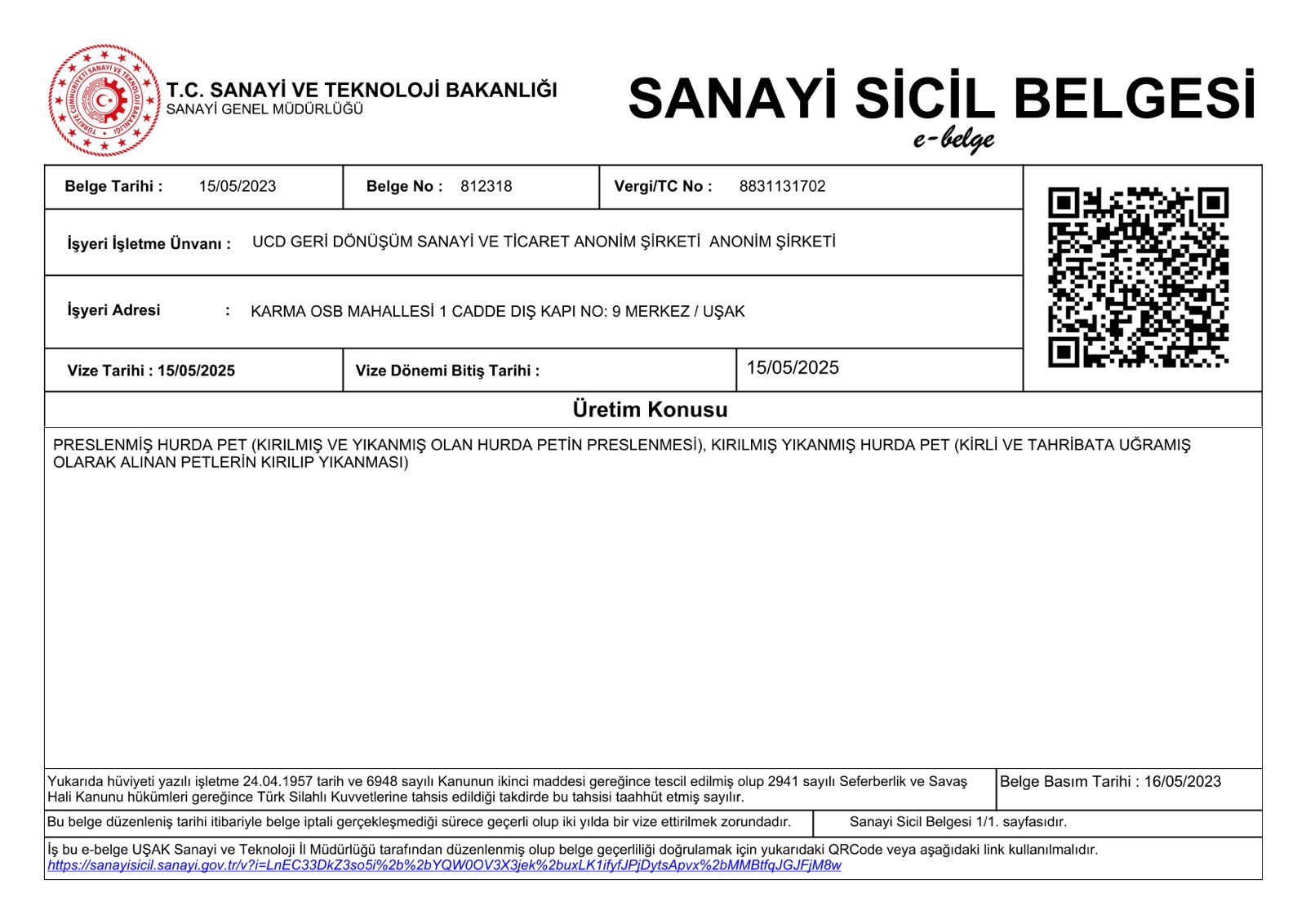 Industrial Registry Certificate